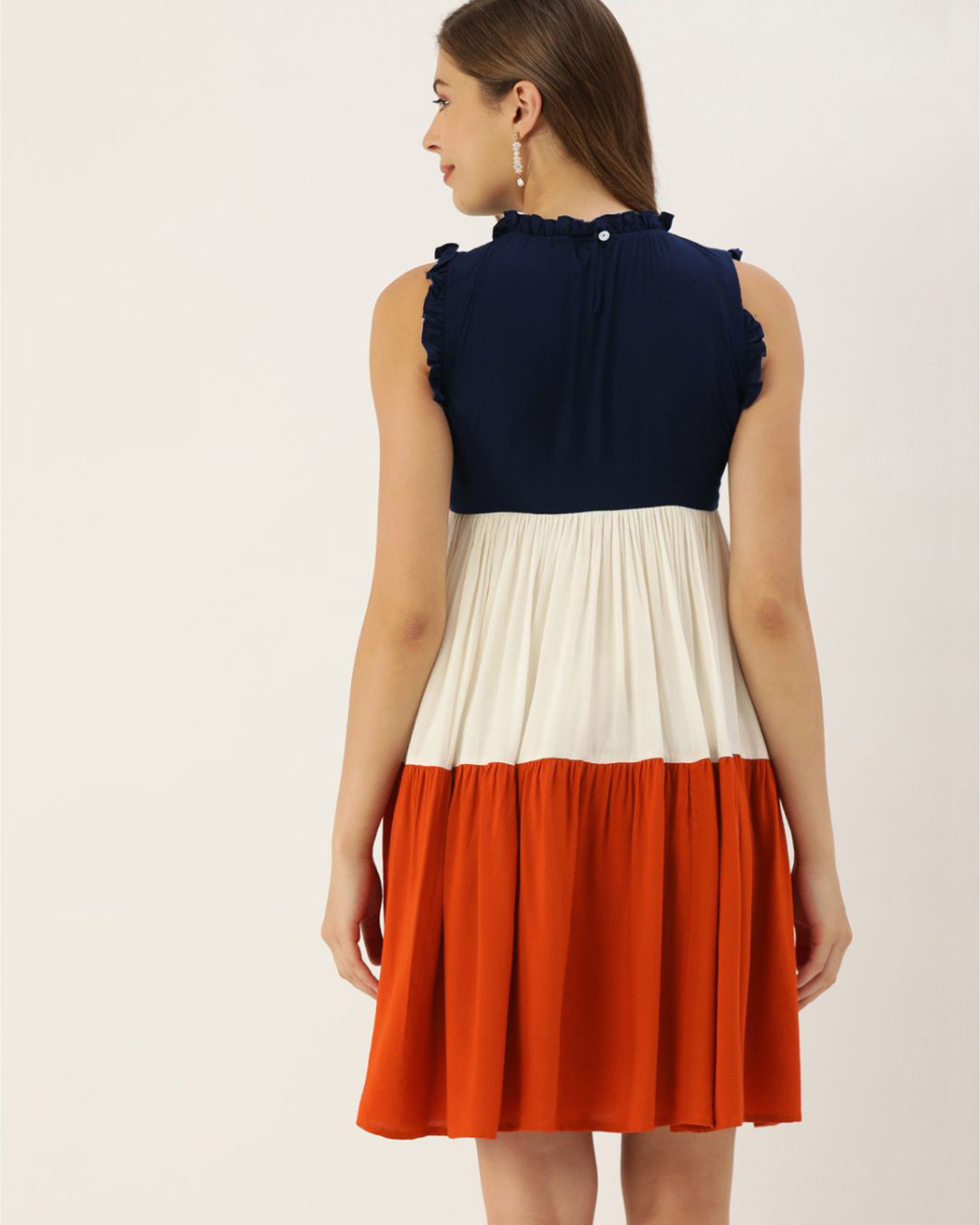 Shop Womennavy Blue And White Colourblocked Woven A Line Tiered Dress-Back
