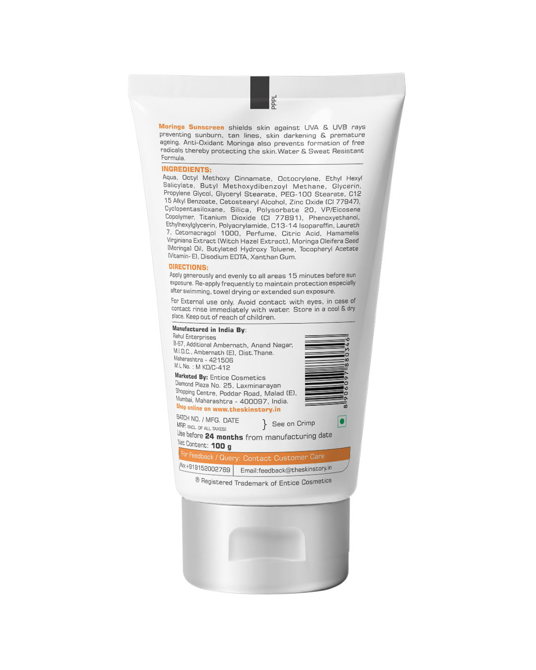 Shop Moringa Sunscreen, Uva & Uvb Broad Spectrum Protection, Non Sticky, Spf 50 + 100 Gm-Back