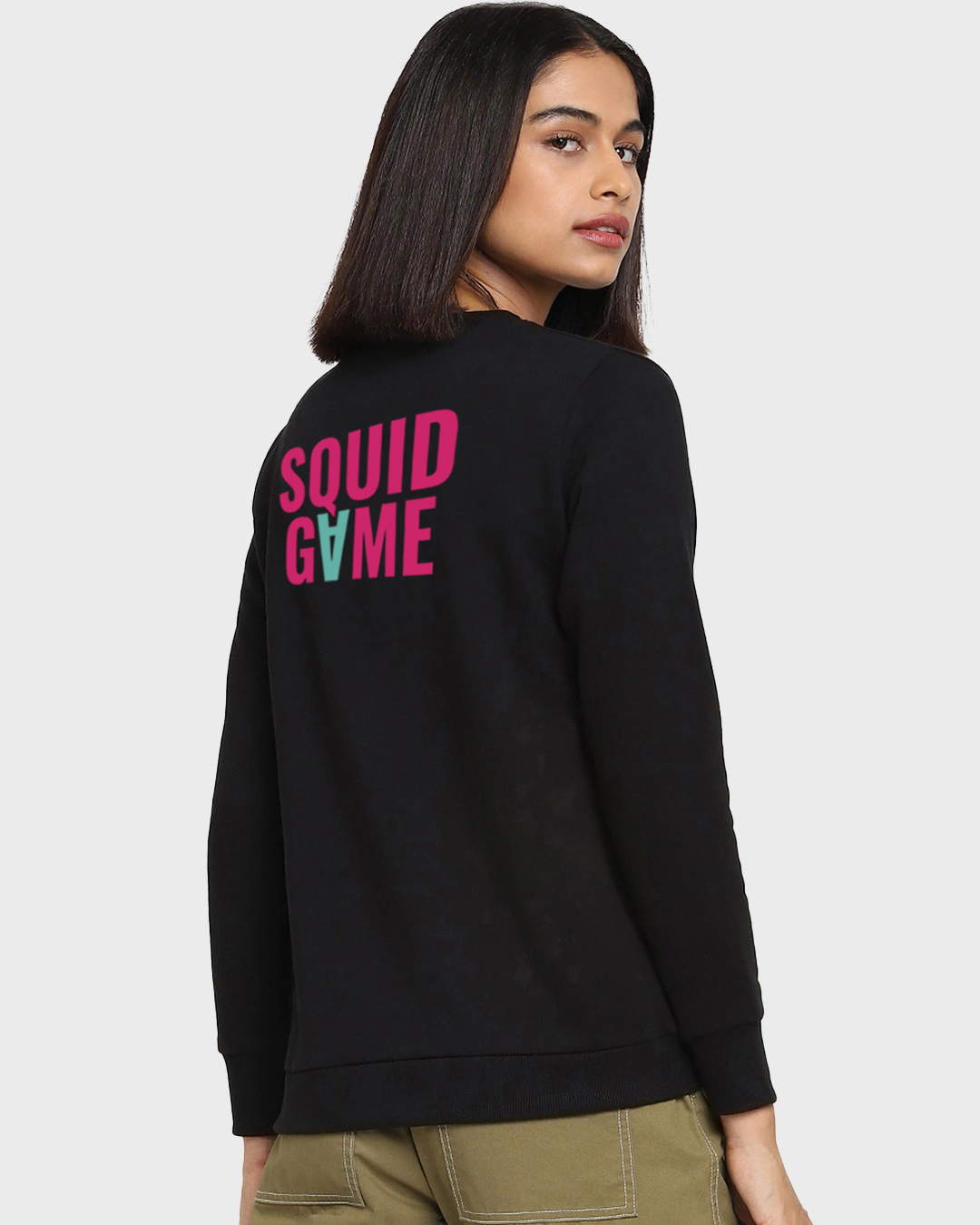 Shop Women's Black The Squids Crewneck Typography Relaxed Fit Sweatshirt-Back