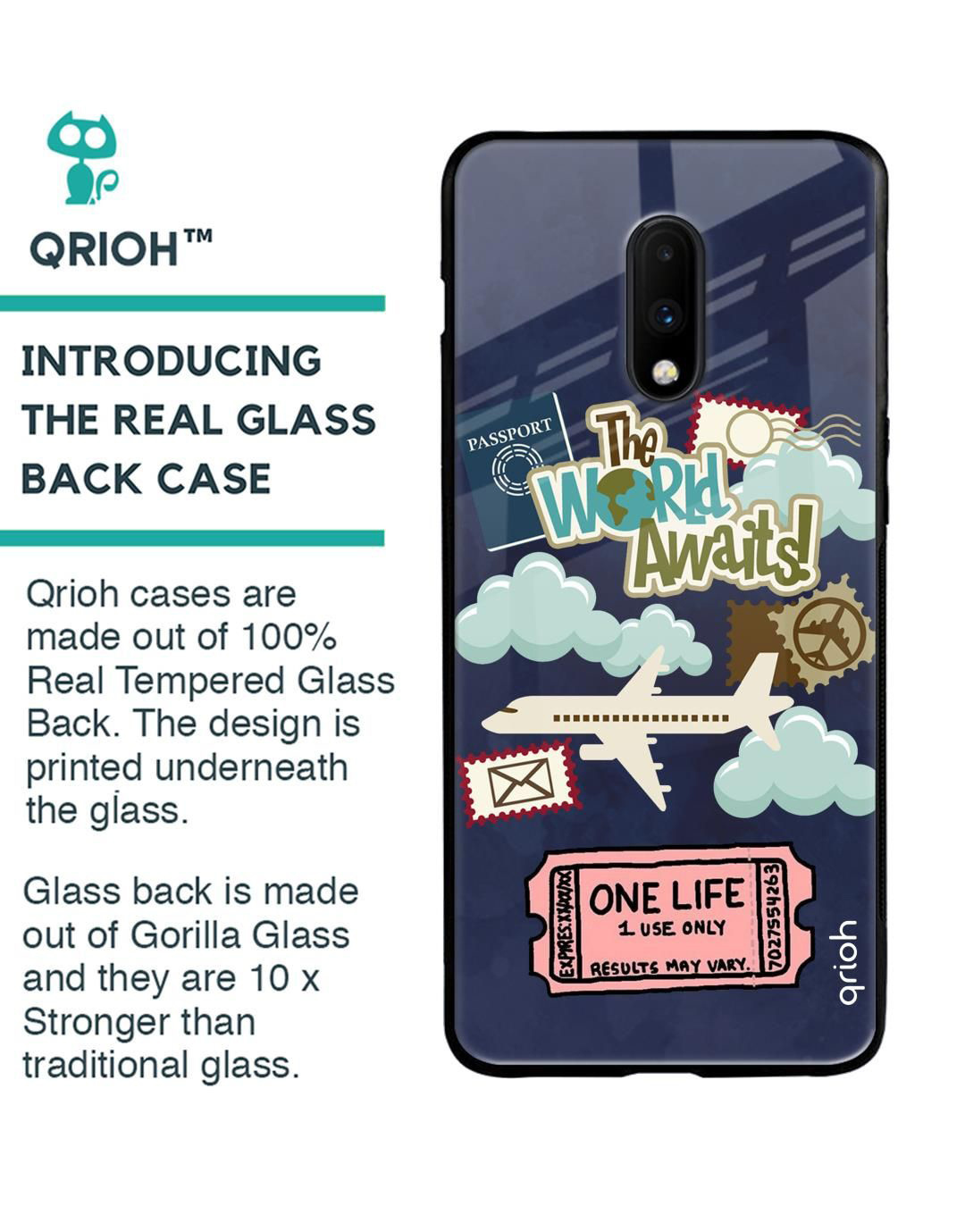 Shop The World Awaits Printed Premium Glass Cover for OnePlus 7 (Shock Proof, Lightweight)-Back