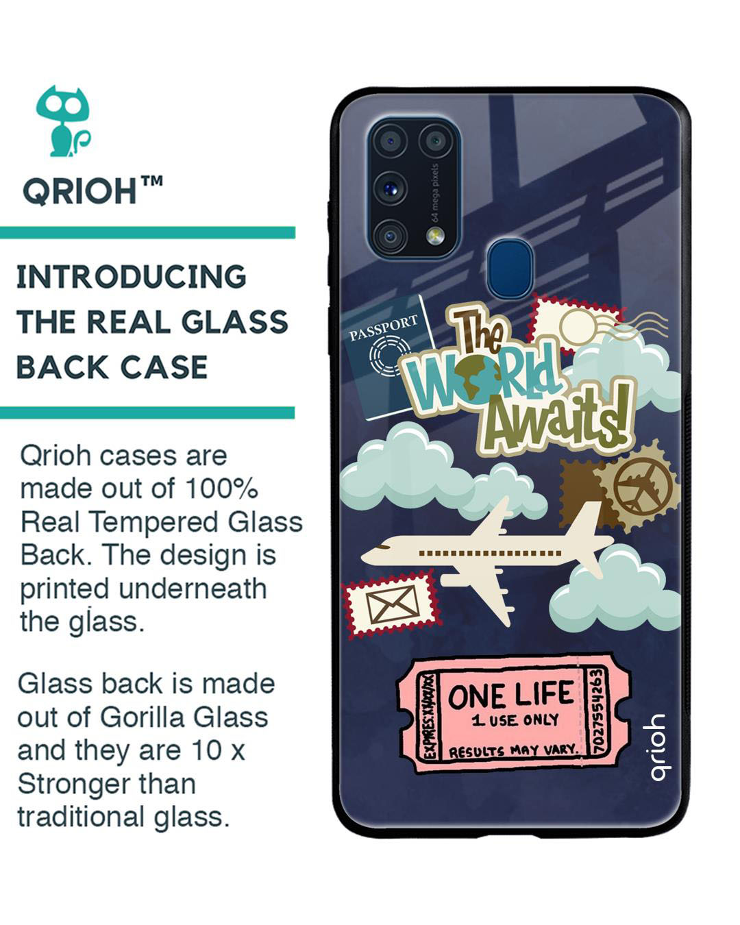 Shop The World Awaits Printed Premium Glass Cover for Samsung Galaxy M31 (Shock Proof, Lightweight)-Back
