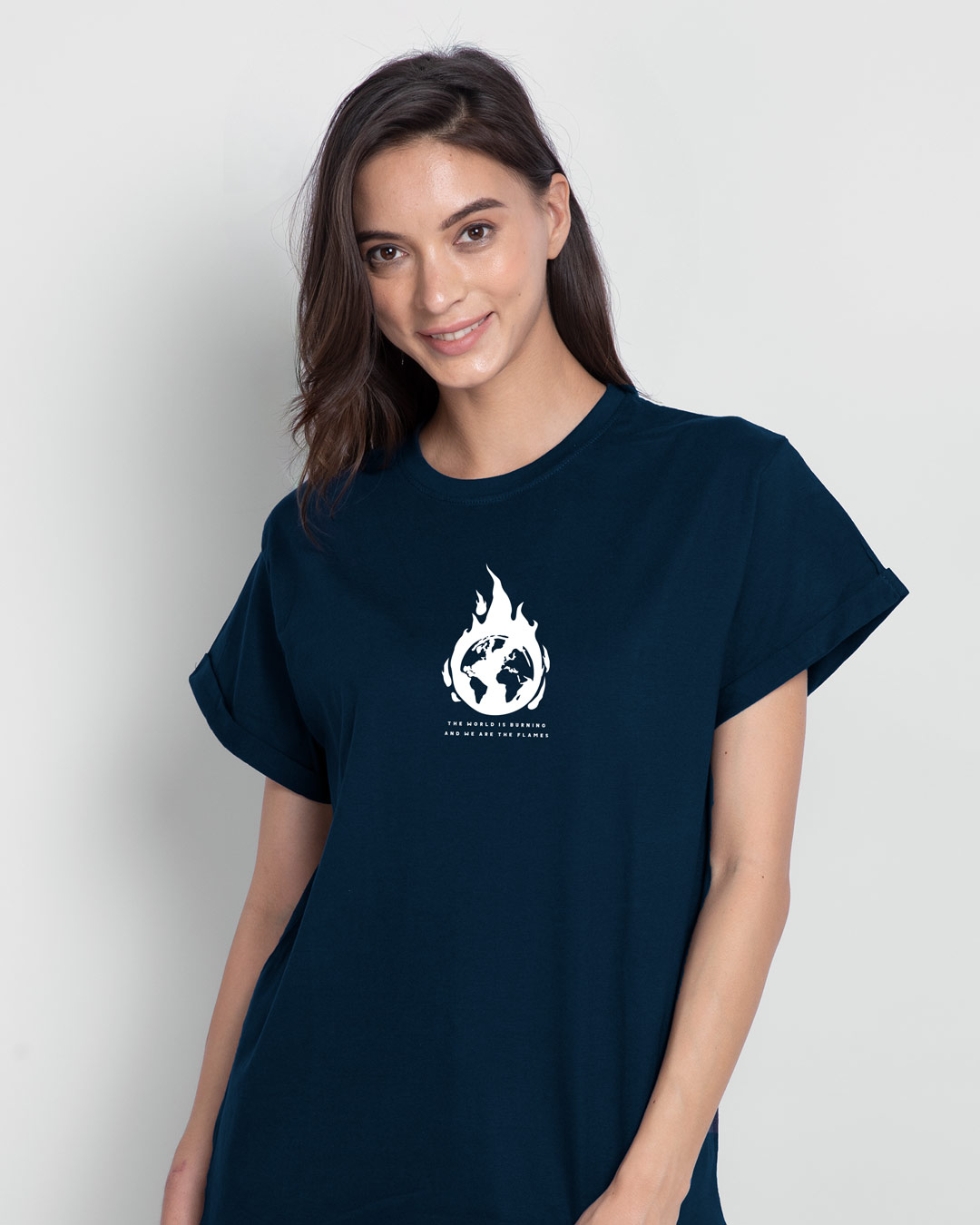 Shop The World Is Burning Boyfriend T-Shirt Navy Blue-Back