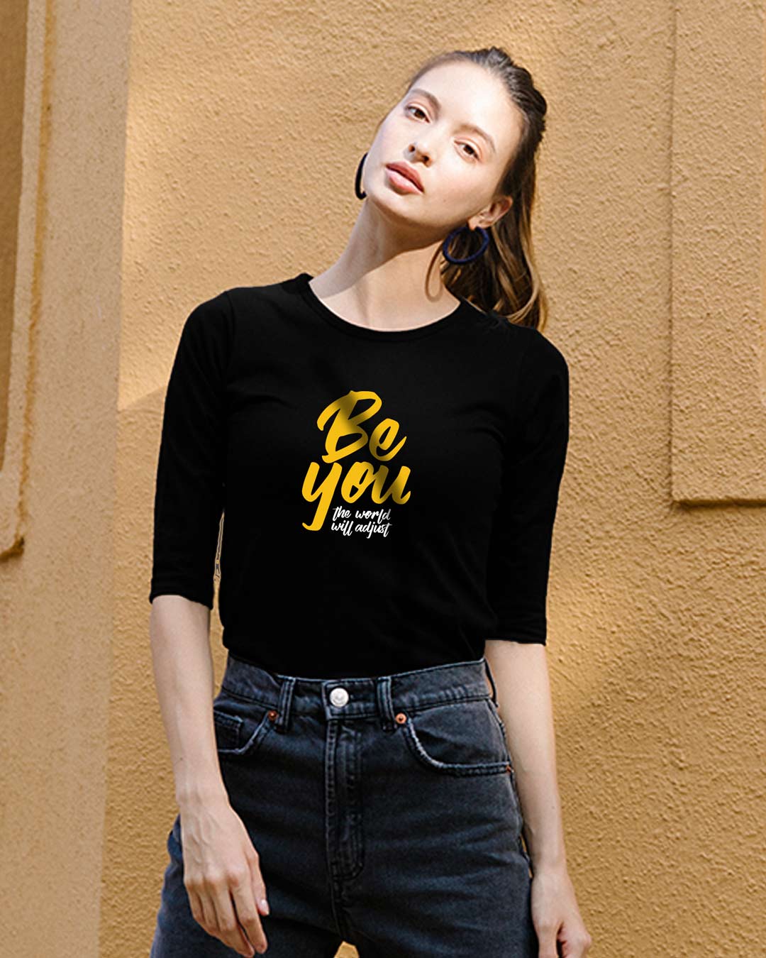 

The World Will Adjust Round Neck 3/4 Sleeve T-Shirts Black Women' Printed Round Neck 3/4 Sleeve T-Shirts Bewakoof.com