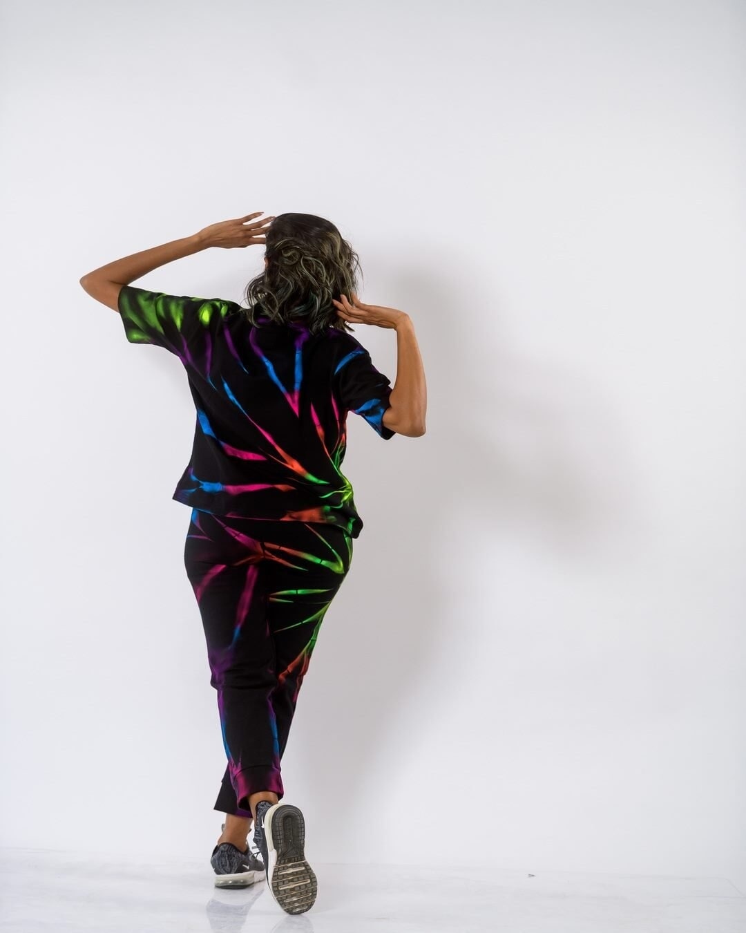 Shop Tie-dye Women T-shirt & Jogger Black Neon Rainbow Coord Set-Back