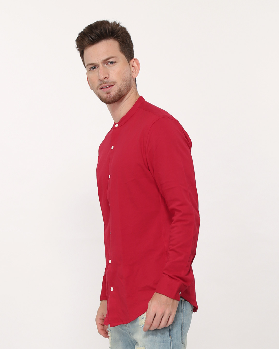 Shop Tokyo Red Mandarin Collar Full Sleeve Pique Shirt-Back