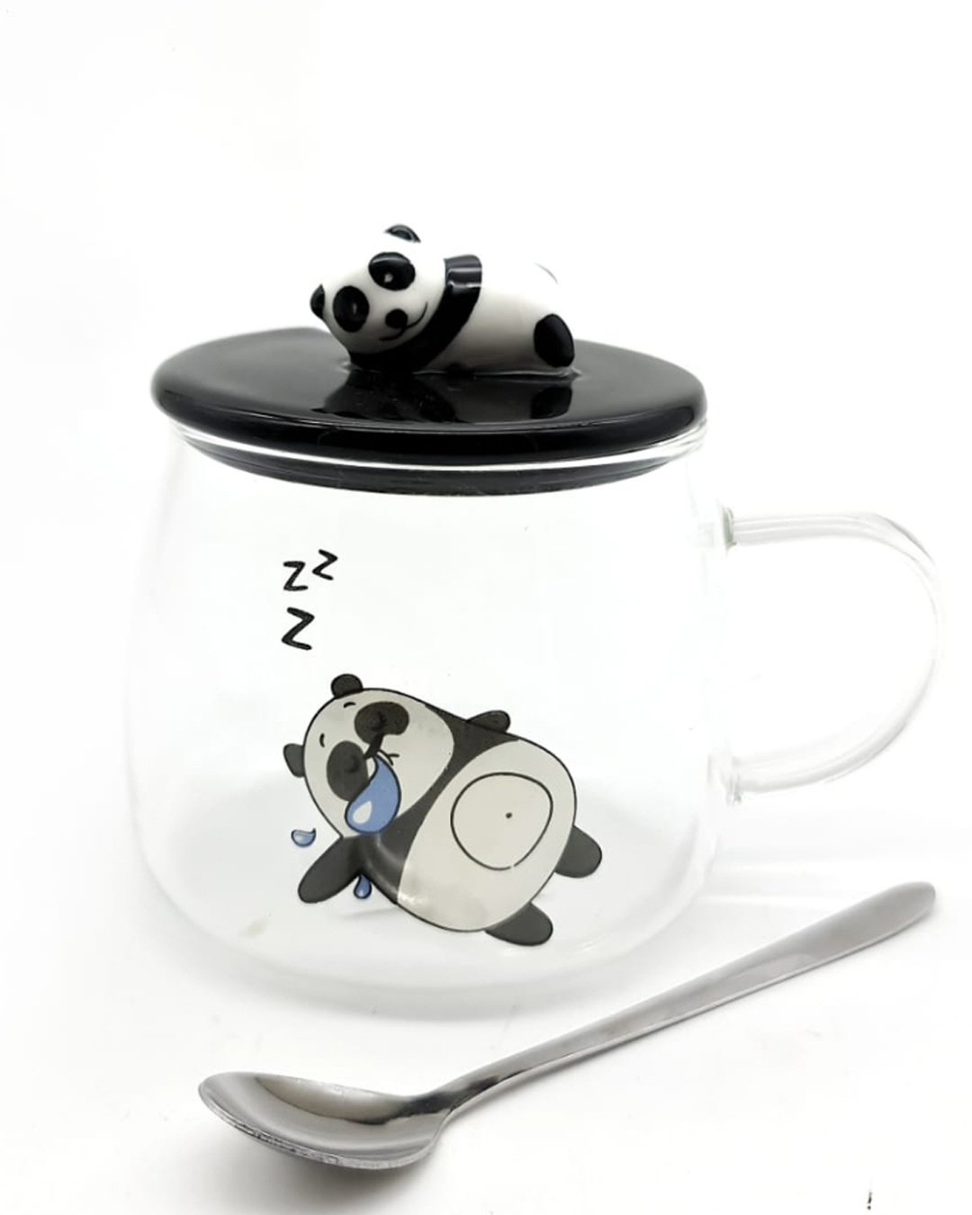 Shop Transparent Happy Panda Combo Glass Mug With Lid And Spoon(450 Ml, glass White, Single Piece)-Back