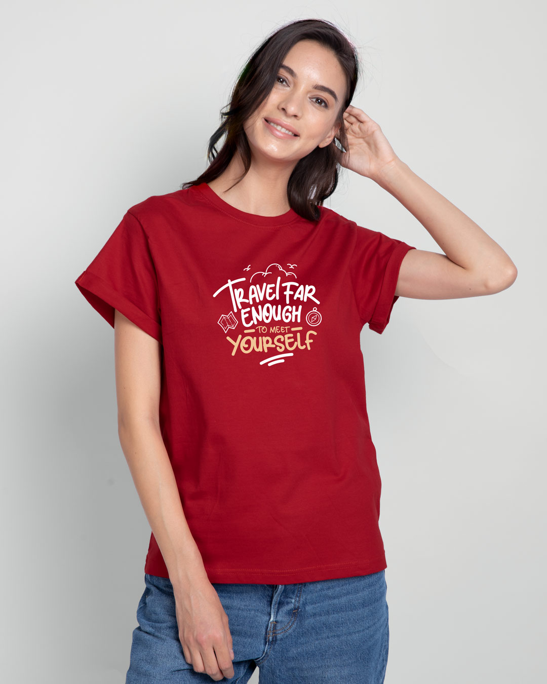 

Travel Far Enough Boyfriend T-Shirts Bold Red Women' Printed Boyfriend T-Shirts Bewakoof.com