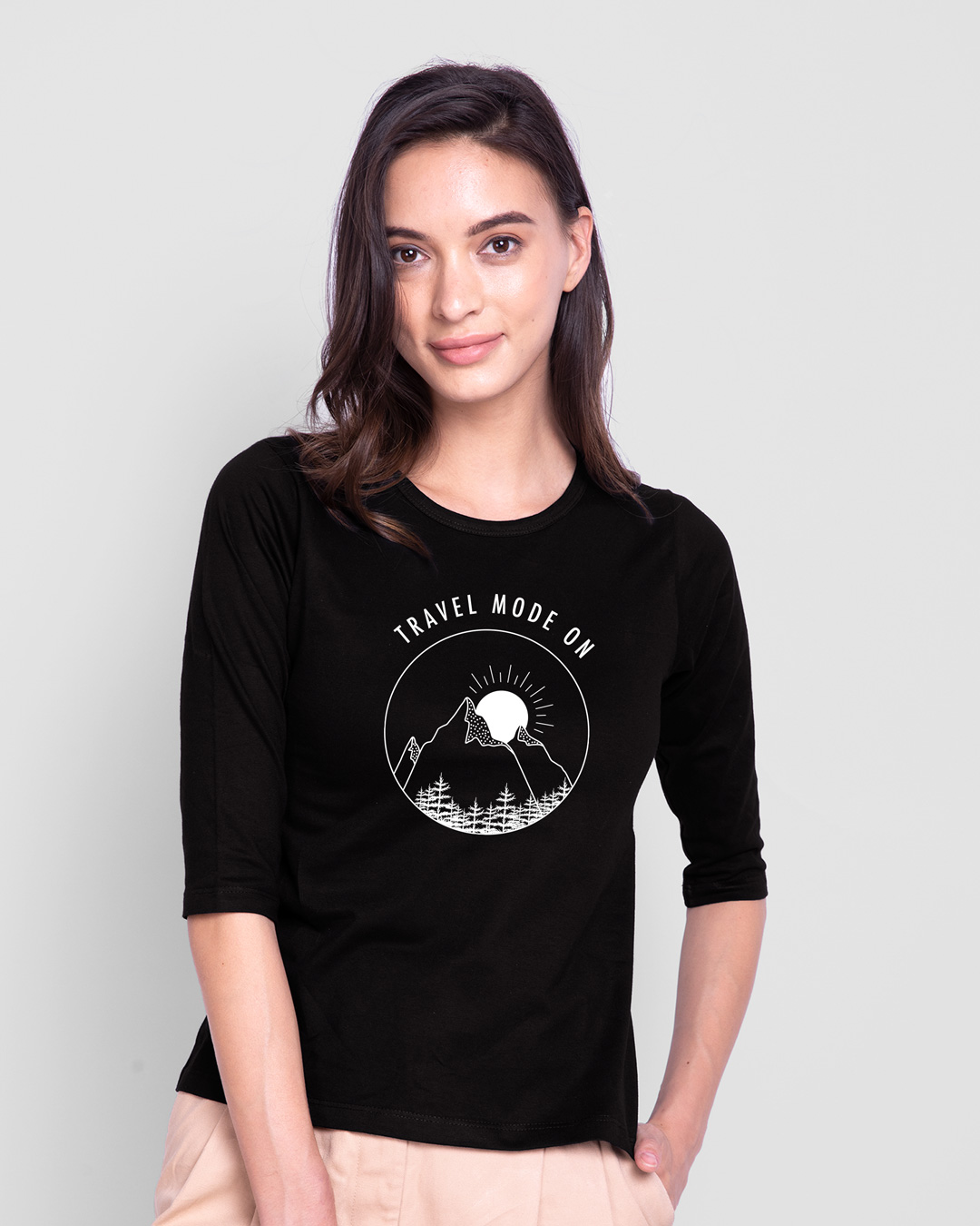 Shop Travel Mode Minimal Round Neck 3/4 Sleeve T-Shirt Black-Back