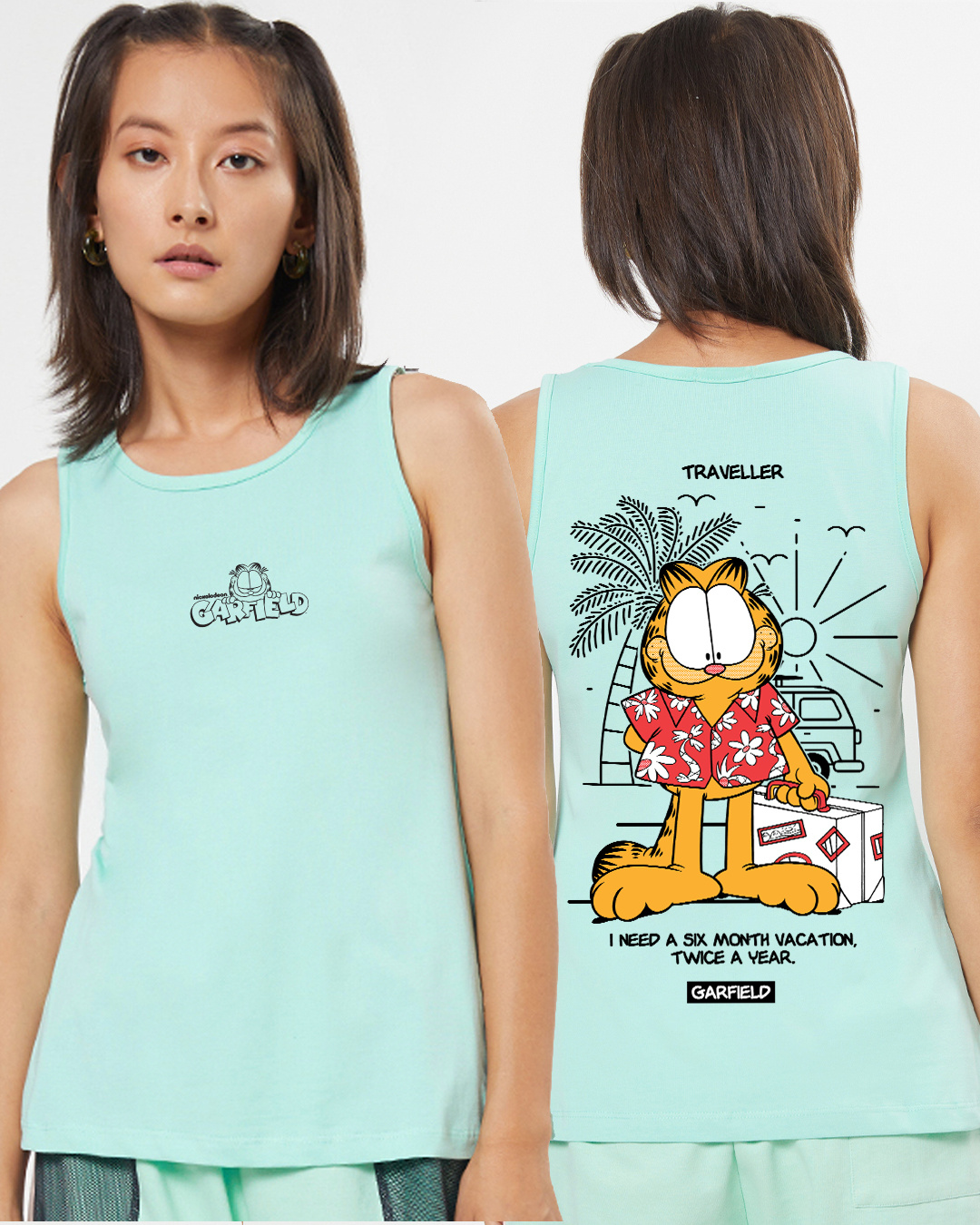 Buy Women's Green Travelling Cat Graphic Printed Relaxed Fit Tank Top