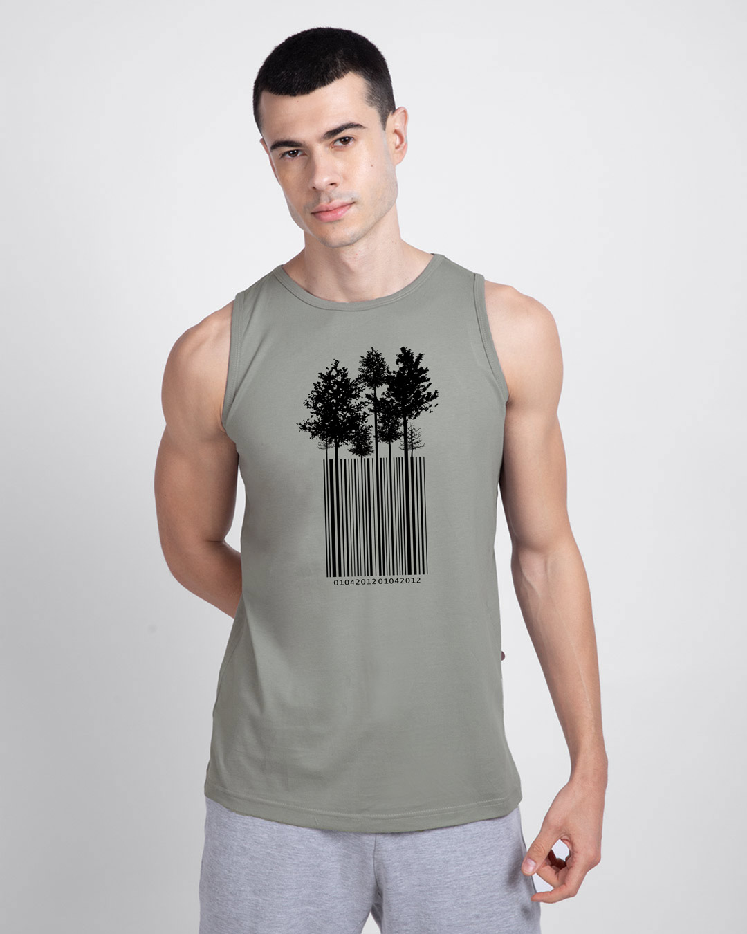 Shop Tree Barcode Round Neck Vest Meteor Grey-Back