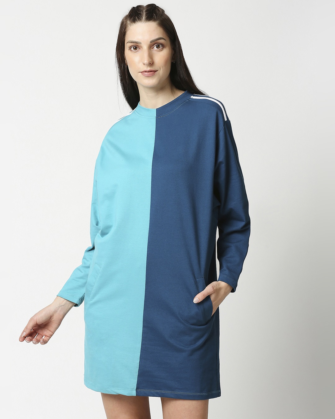 Shop Tropical Blue-Sailor Blue Women Half N Half Oversized Dress-Back
