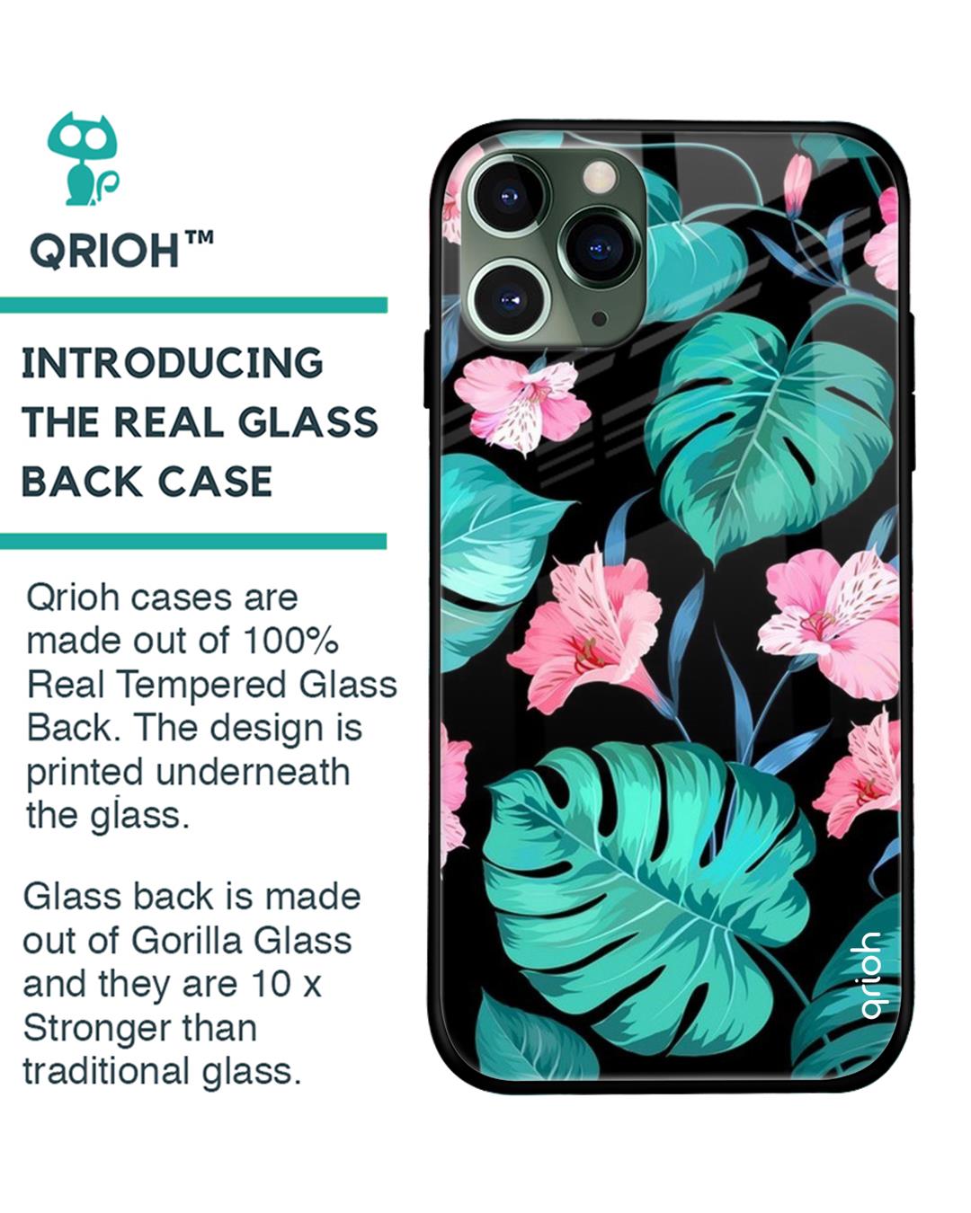 Shop Iphone 11 Pro Max Tropical Leaves & Pink Flowers Glass Case-Back