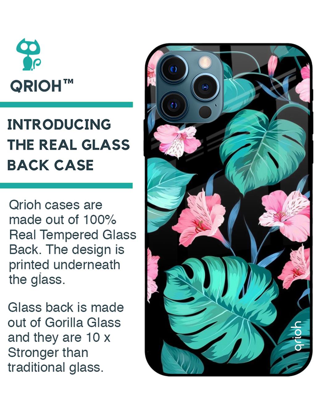 Shop Iphone 12 Pro Max Tropical Leaves & Pink Flowers Glass Case-Back