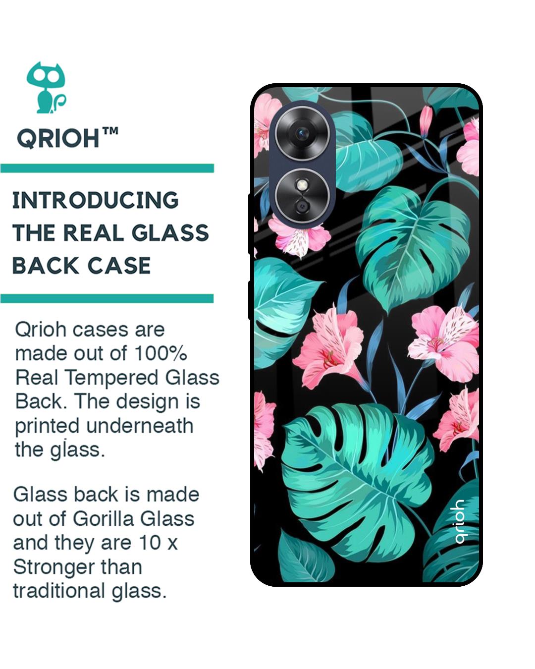 Shop Tropical Leaves & Pink Flowers Premium Glass case for OPPO A17 (Shock Proof,Scratch Resistant)-Back