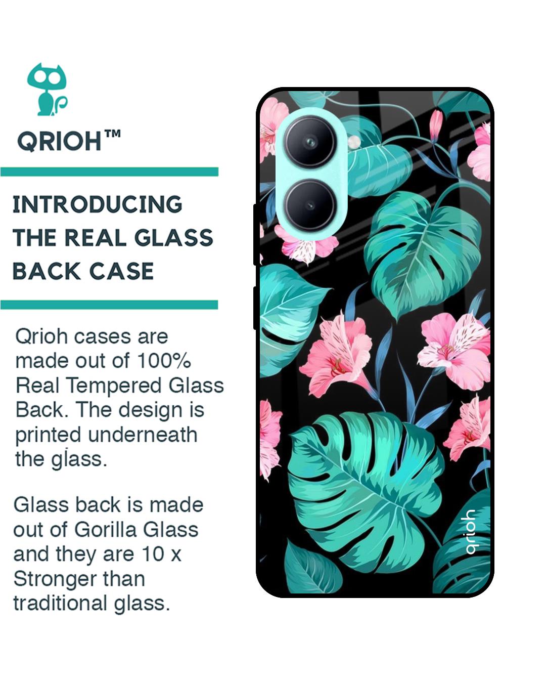 Shop Tropical Leaves & Pink Flowers Premium Glass case for Realme C33 (Shock Proof,Scratch Resistant)-Back