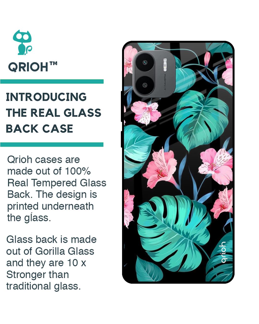 Shop Tropical Leaves & Pink Flowers Premium Glass Case for Redmi A1 (Shock Proof, Scratch Resistant)-Back