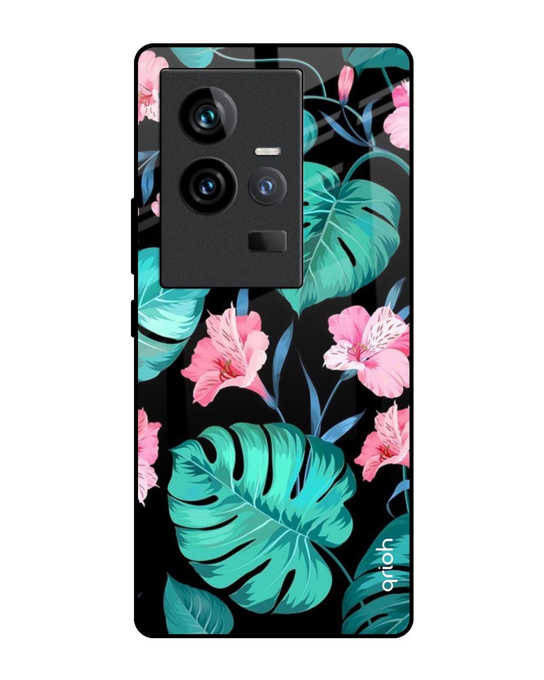 Shop Tropical Leaves & Pink Flowers Premium Glass Case for Vivo iQOO 11 (Shock Proof, Scratch Resistant)-Front