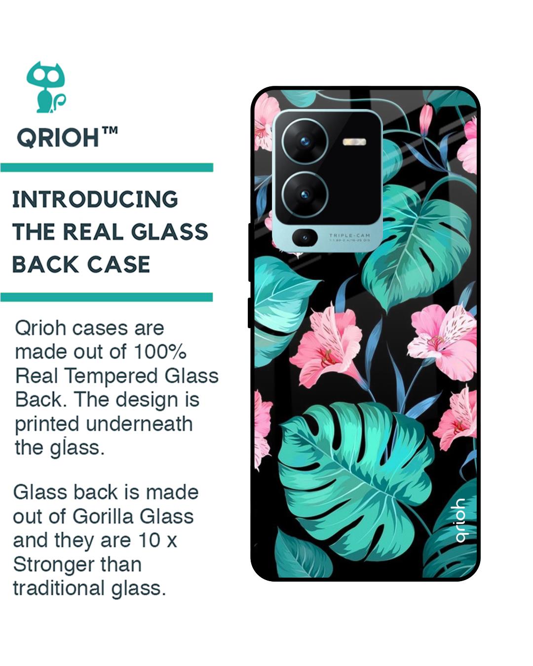 Shop Tropical Leaves & Pink Flowers Premium Glass case for Vivo V25 Pro (Shock Proof,Scratch Resistant)-Back