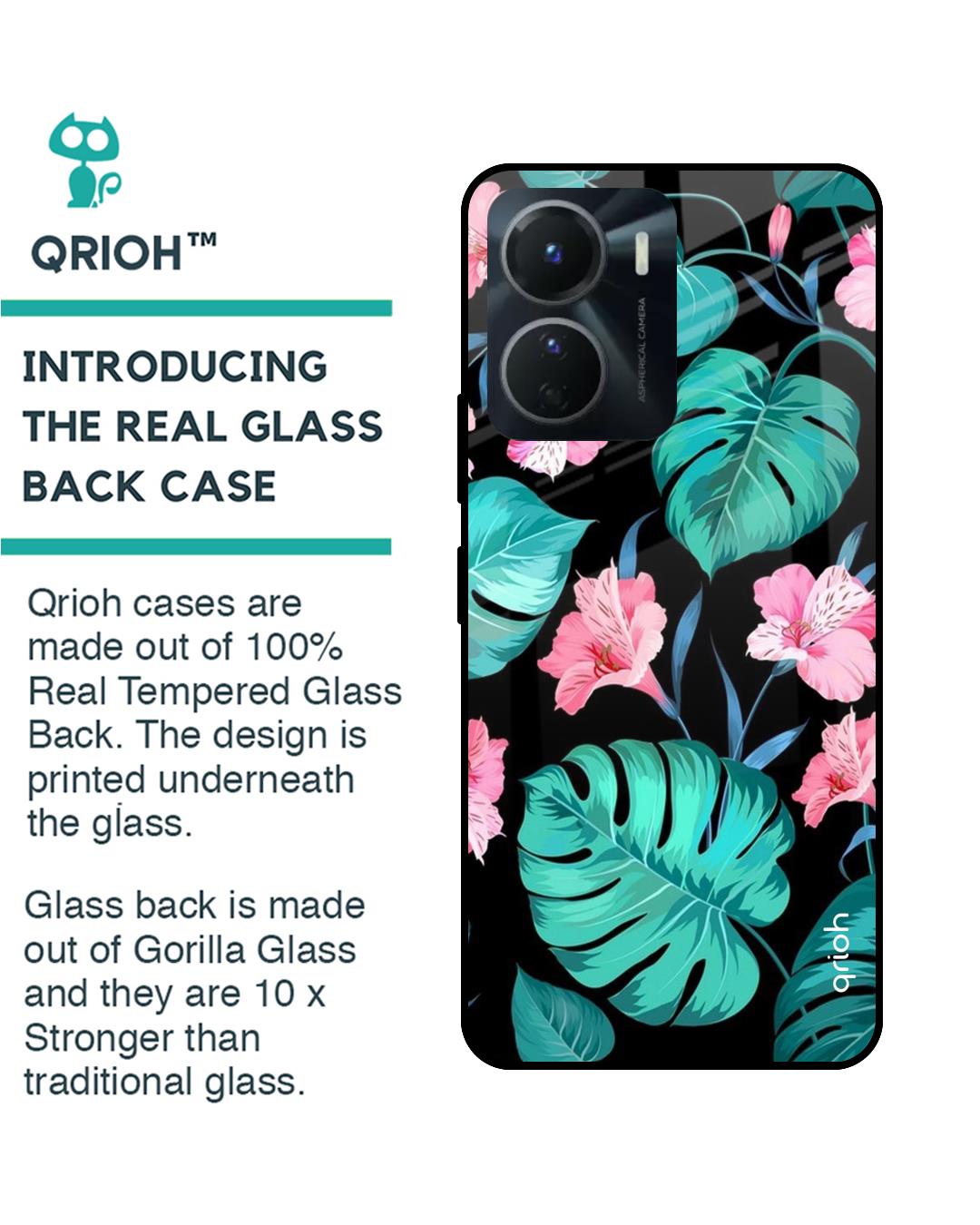 Shop Tropical Leaves & Pink Flowers Premium Glass case for Vivo Y16 (Shock Proof,Scratch Resistant)-Back