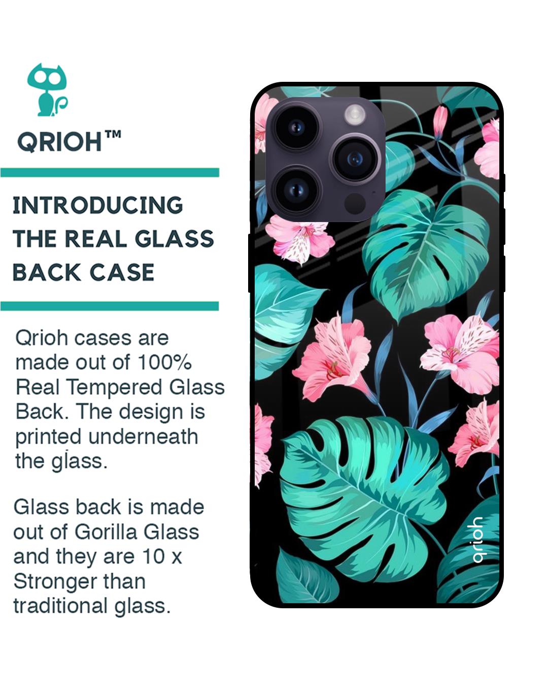 Shop Tropical Leaves & Pink Flowers Premium Glass Cover for Apple iPhone 14 Pro Max-Back