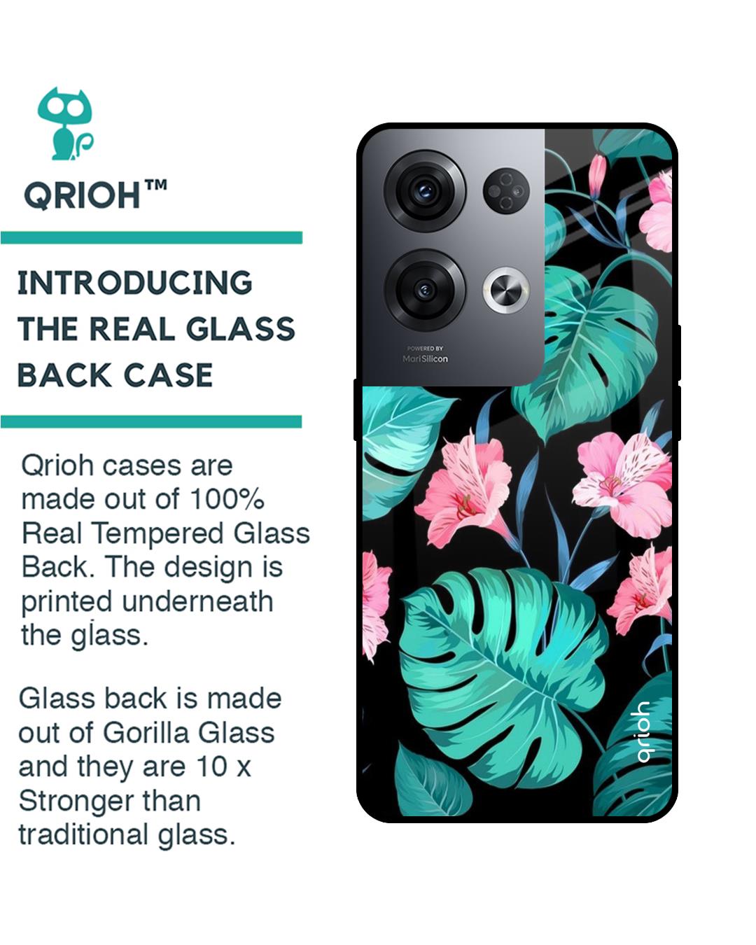 Shop Tropical Leaves & Pink Flowers Premium Glass Cover for Oppo Reno8 Pro 5G (Shockproof, Light Weight)-Back