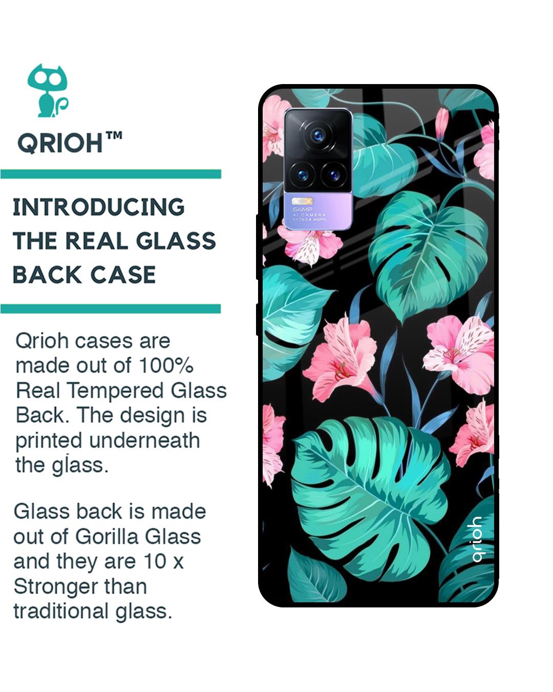 Shop Tropical Leaves & Pink Flowers Premium Glass Cover for Vivo Y73 (Shockproof, Light Weight)-Back