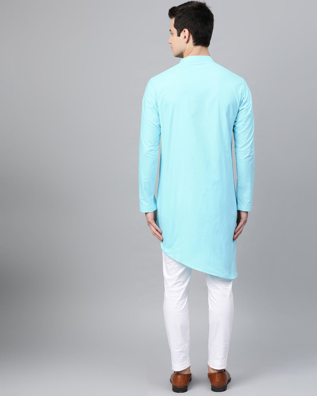 Shop Turquoise Blue Solid Straight Kurta With Yoke Thread Work With Kurta Pyjama-Back