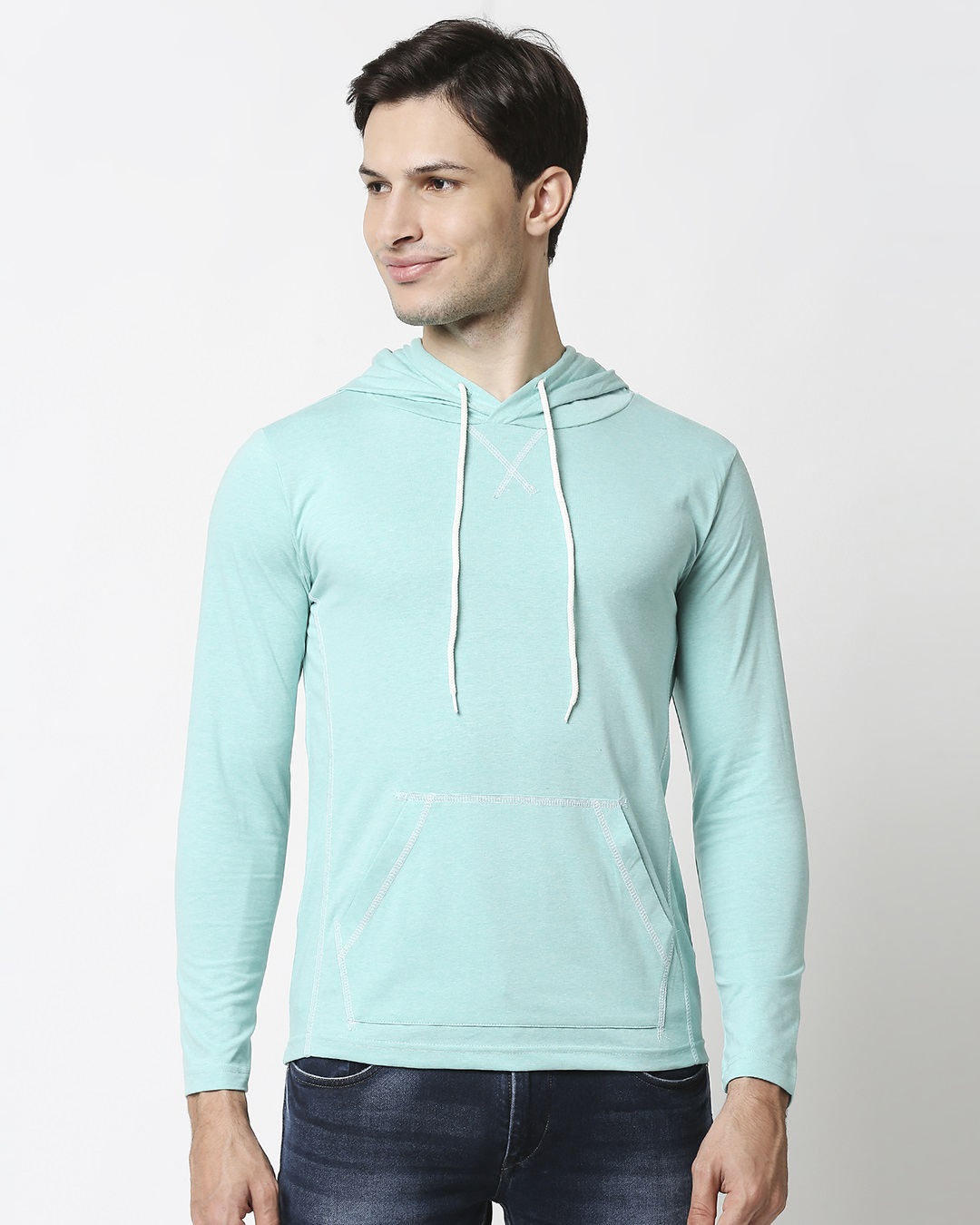Shop Men's Turquoise Melange Hoodie T-shirt-Back