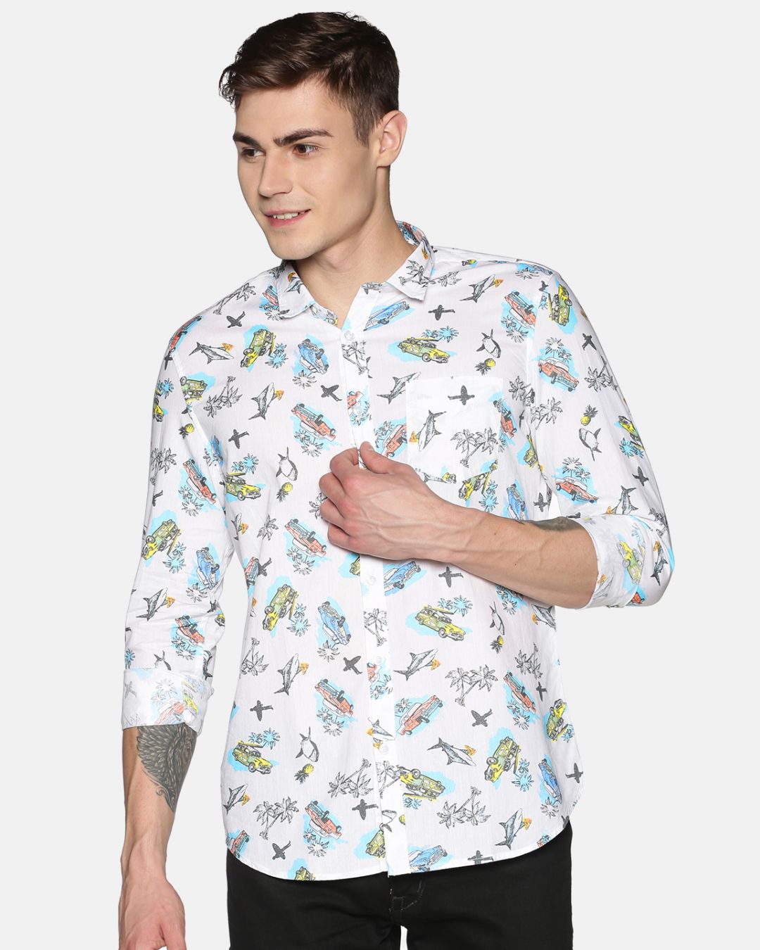 Shop Men Long Sleeve Cotton Printed White Graphical Surfer Shirt-Front