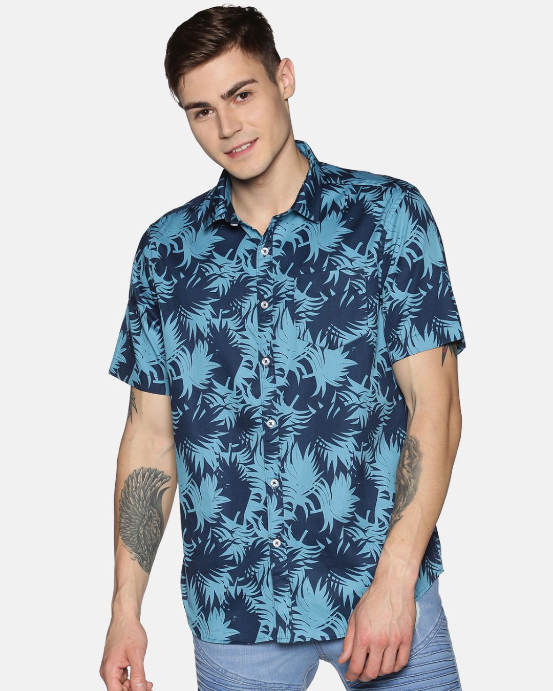 Shop Men Short Sleeve Cotton Printed Blue Camouflage Shirt-Front