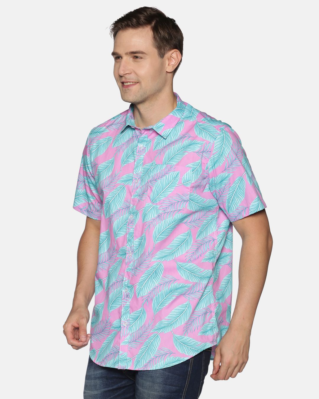 Shop Men Short Sleeve Cotton Printed Blue Feather Pink Shirt-Back