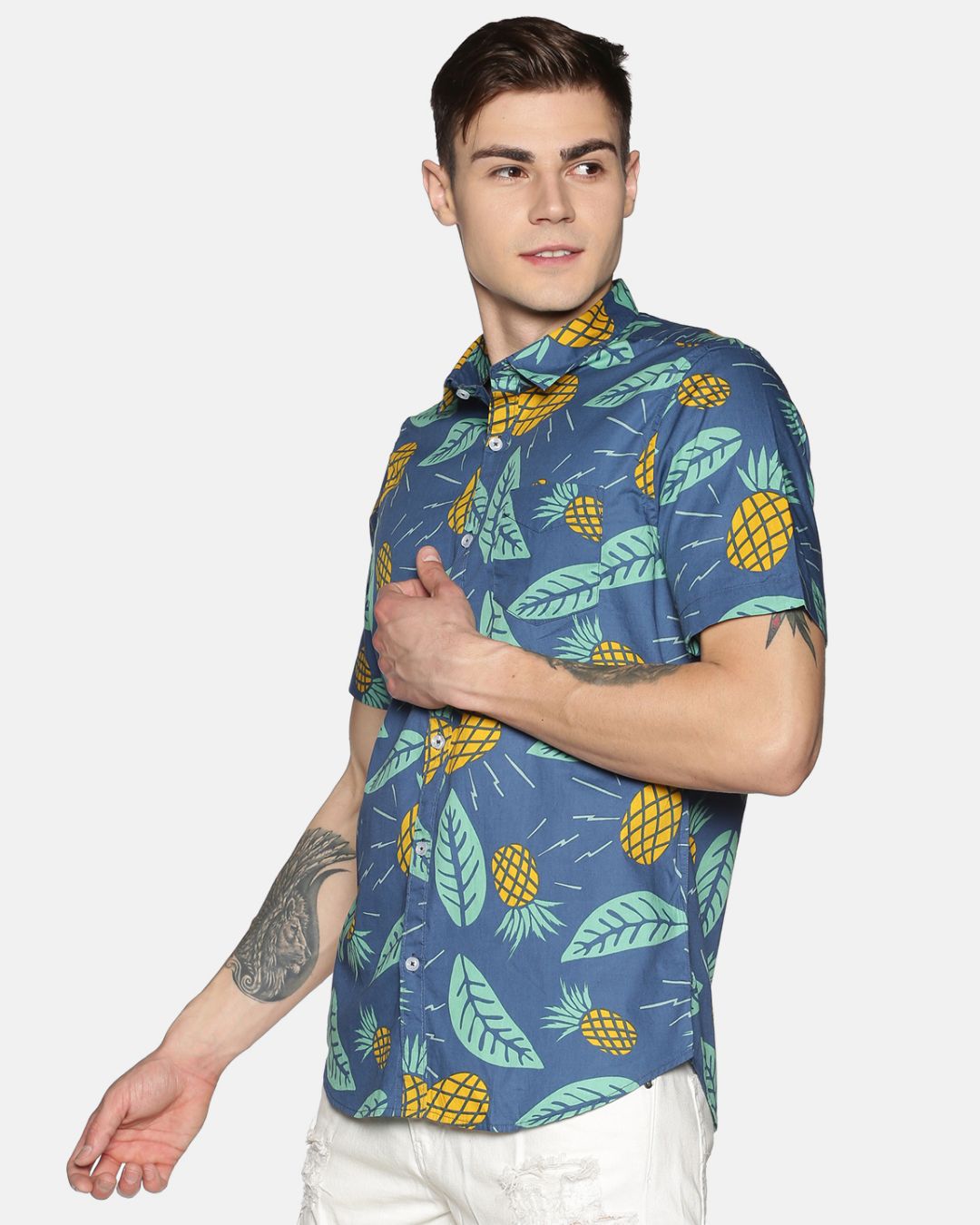 Shop Men Short Sleeve Cotton Printed Blue Yellow Pineapple Shirt-Back