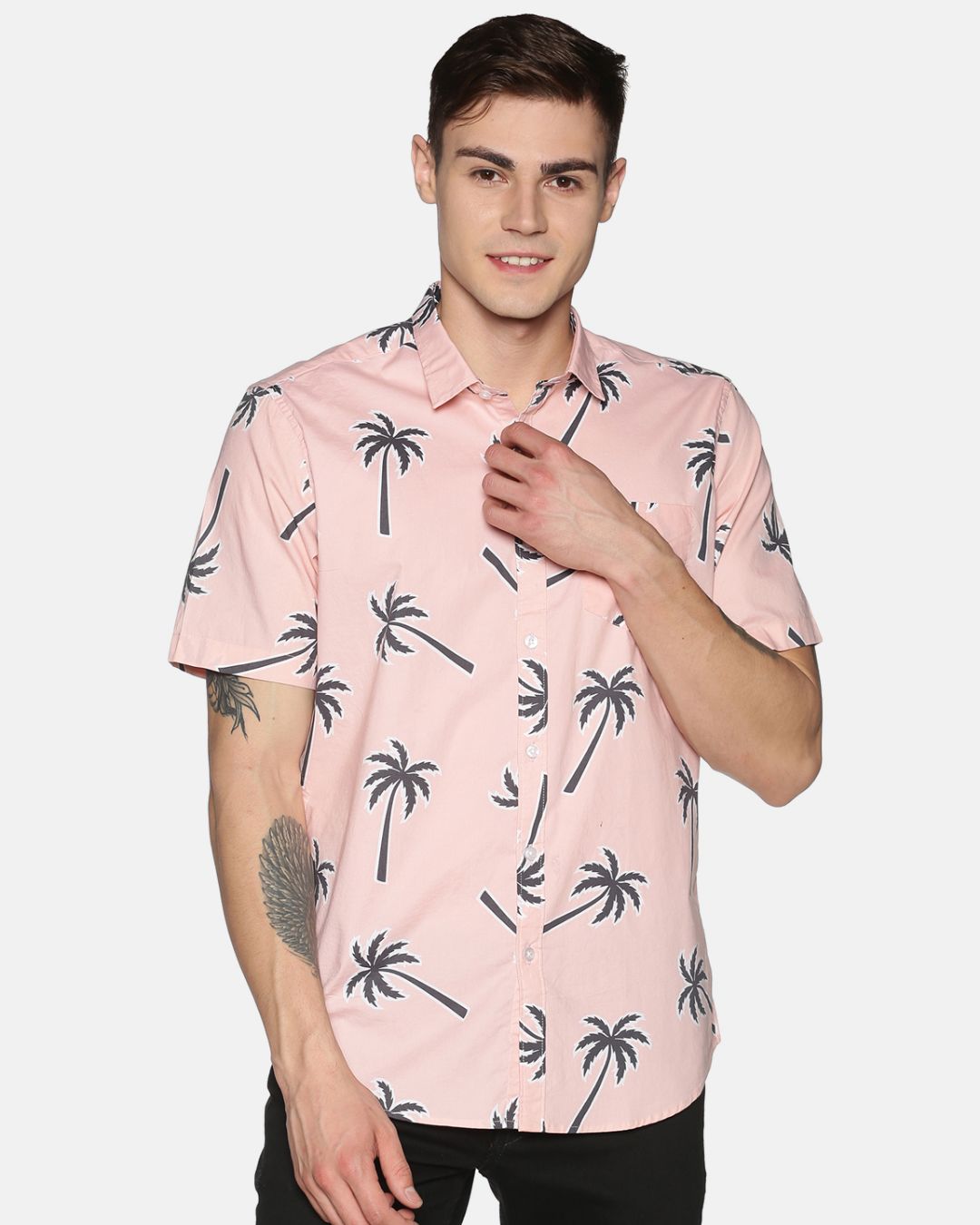 Buy Tusok Men Short Sleeve Cotton Printed Brown Palm Tree Pink Shirt ...