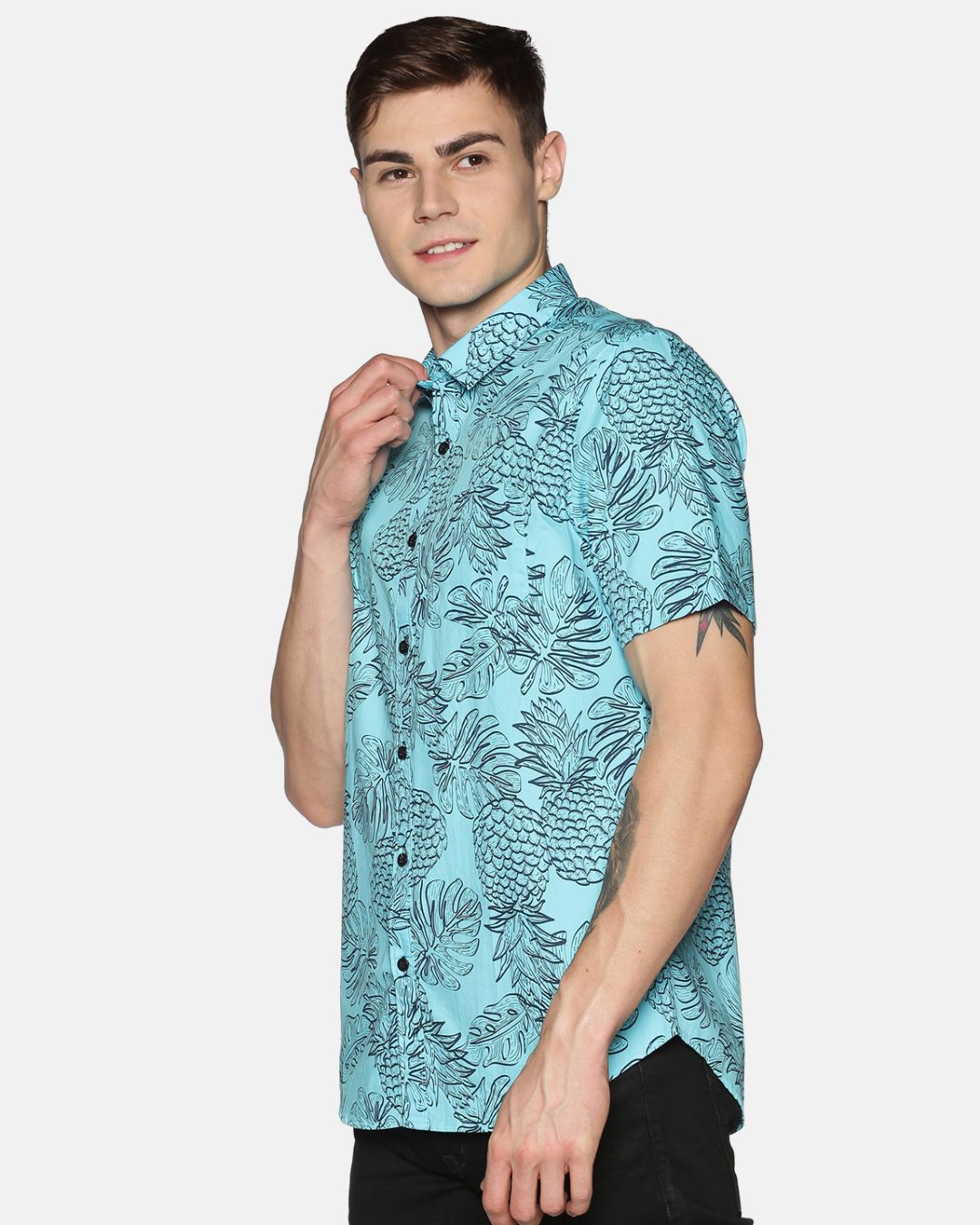 Shop Men Short Sleeve Cotton Printed Leaf Pineapple Fruit Blue Shirt-Back