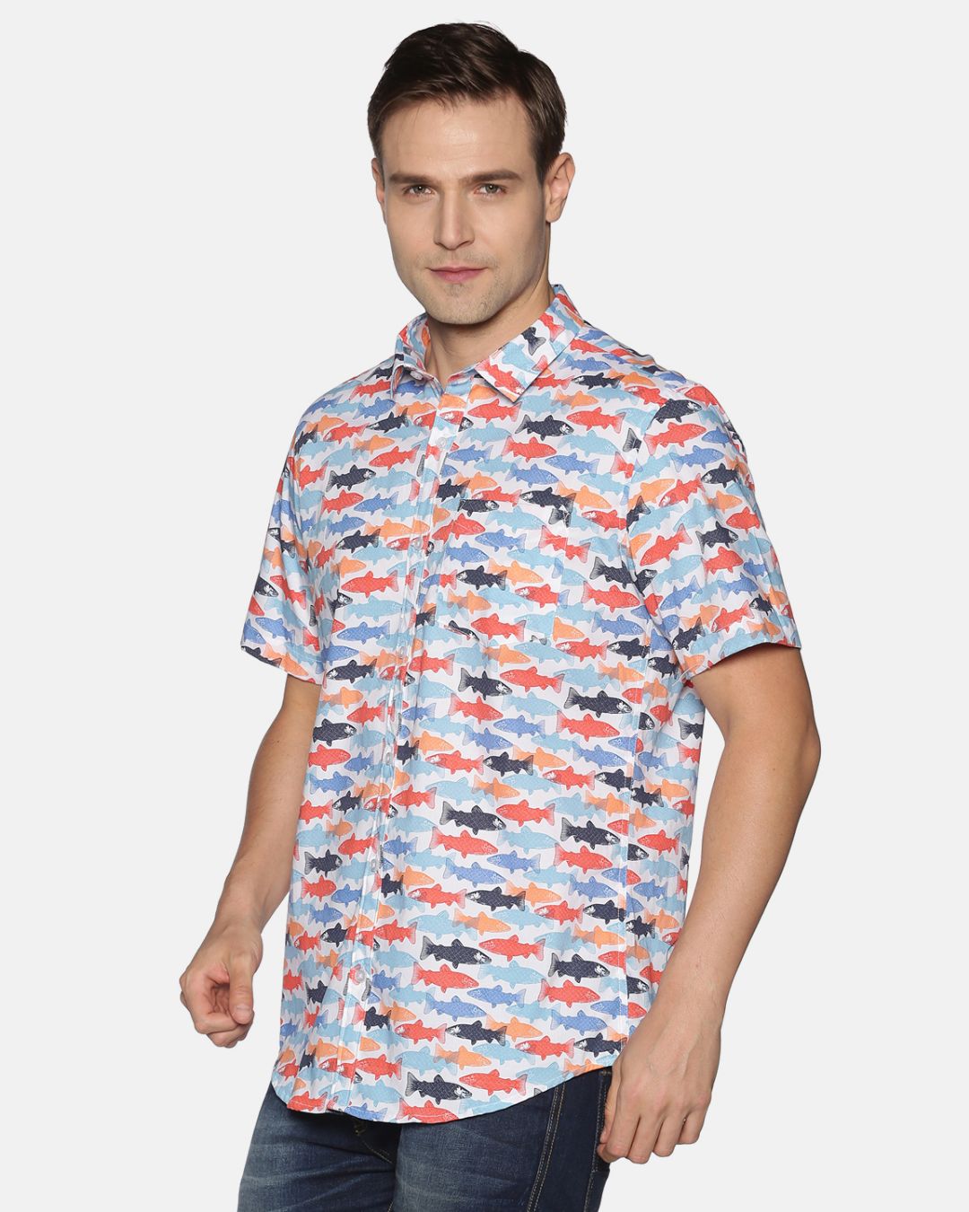 Shop Men Short Sleeve Cotton Printed Multicolor Fish White Shirt-Back