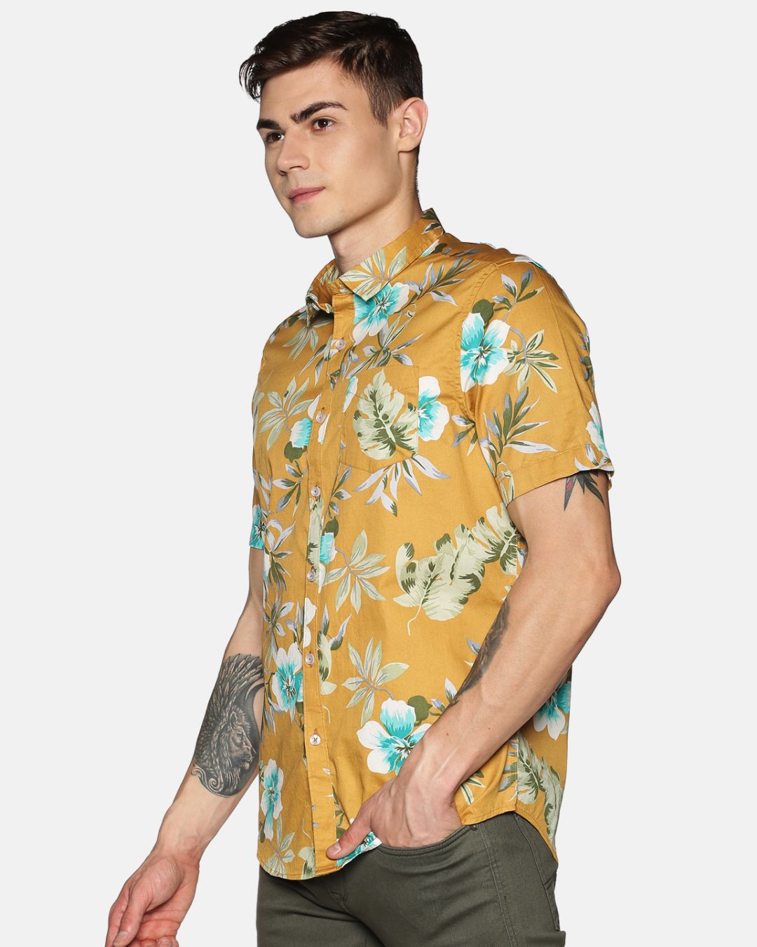 Shop Men Short Sleeve Cotton Printed Mustard Yellow Shirt-Back