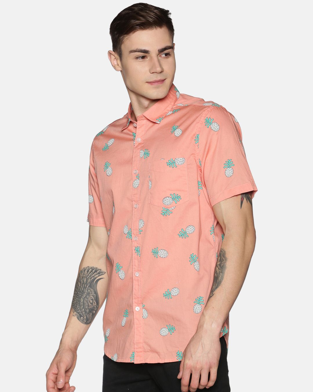 Shop Men Short Sleeve Cotton Printed Peach Pink Pineapple Shirt-Back