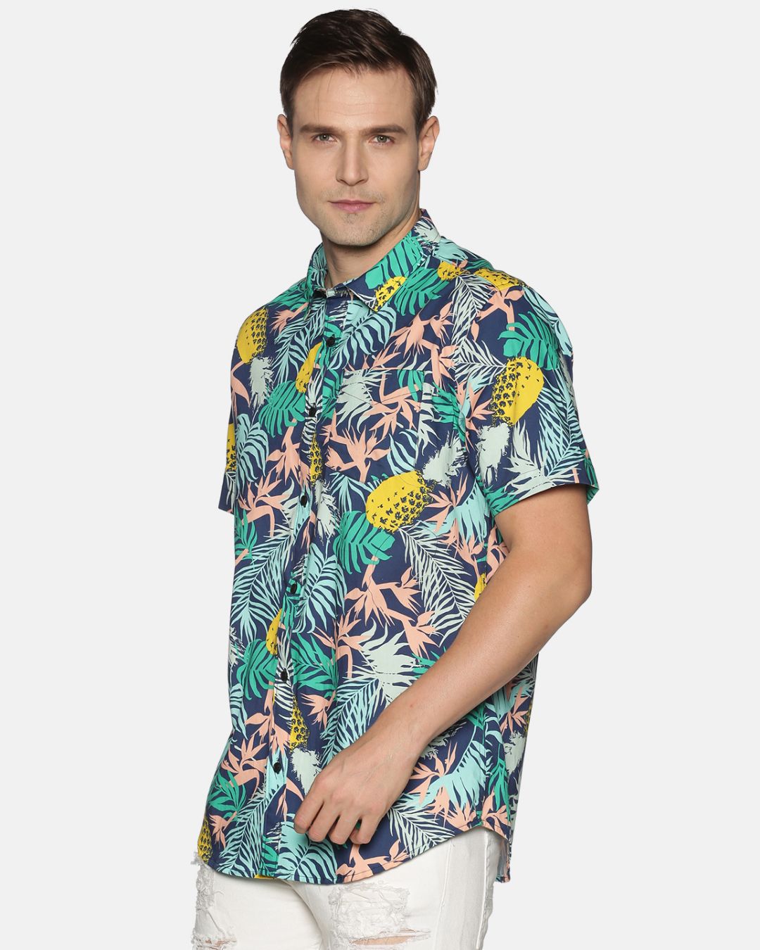 Shop Men Short Sleeve Cotton Printed Pineapple Multicolor Blue Shirt-Back