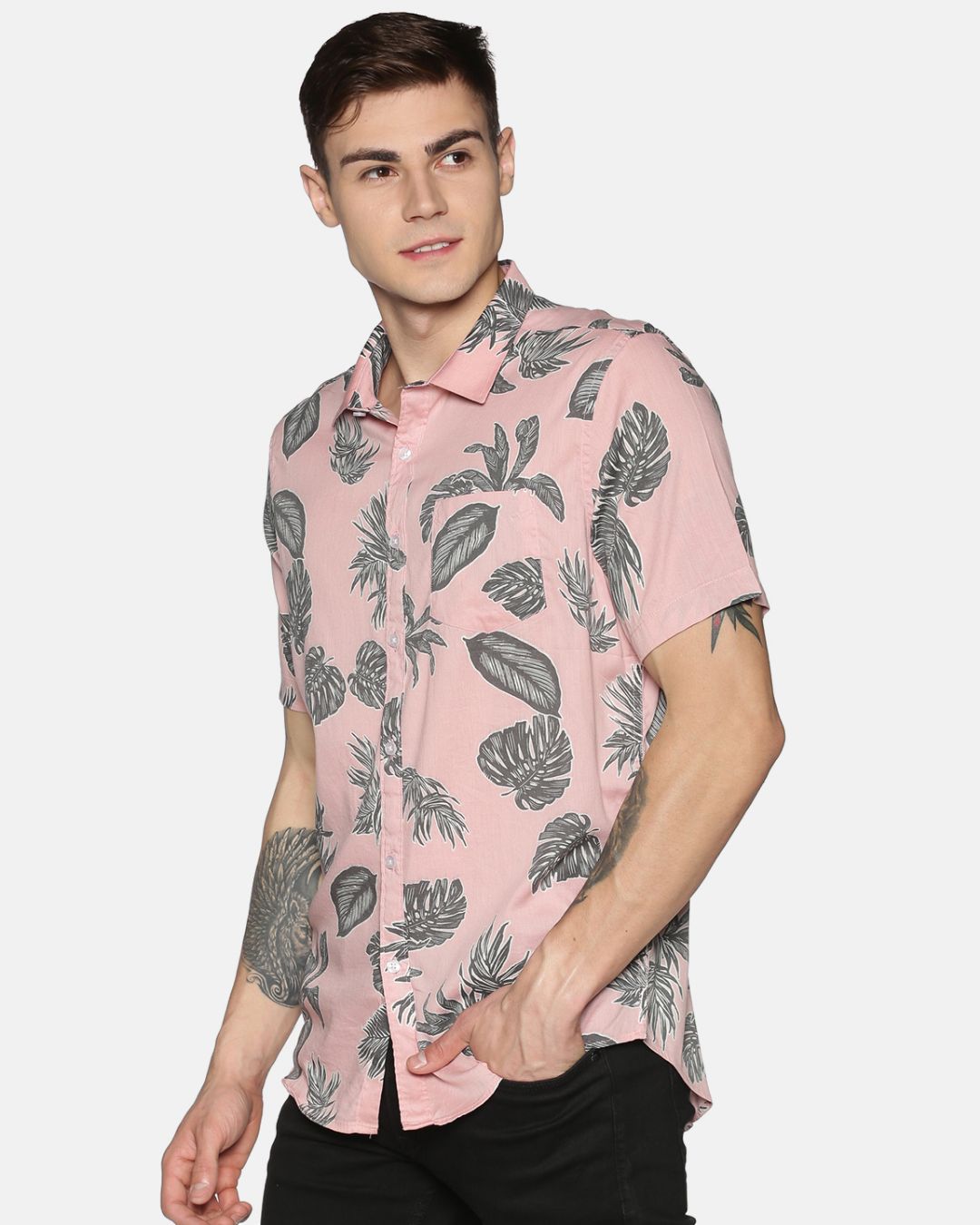 Shop Men Short Sleeve Cotton Printed Pink Peach Grey Leafy Shirt-Back