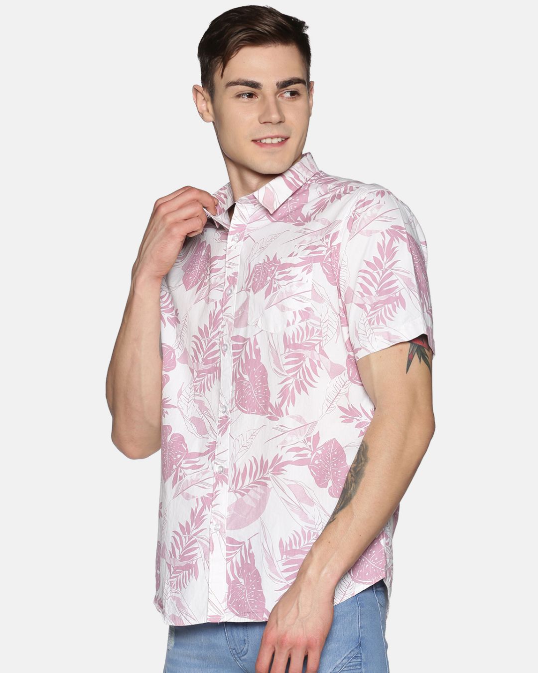Shop Men Short Sleeve Cotton Printed Pink White Shirt-Back