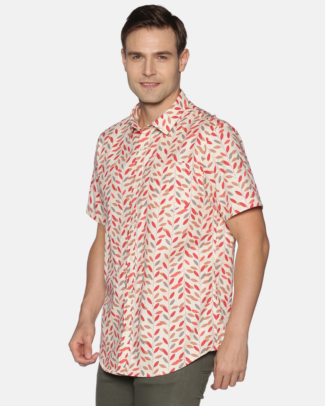 Shop Men Short Sleeve Cotton Printed Red Floral On Beige Shirt-Back