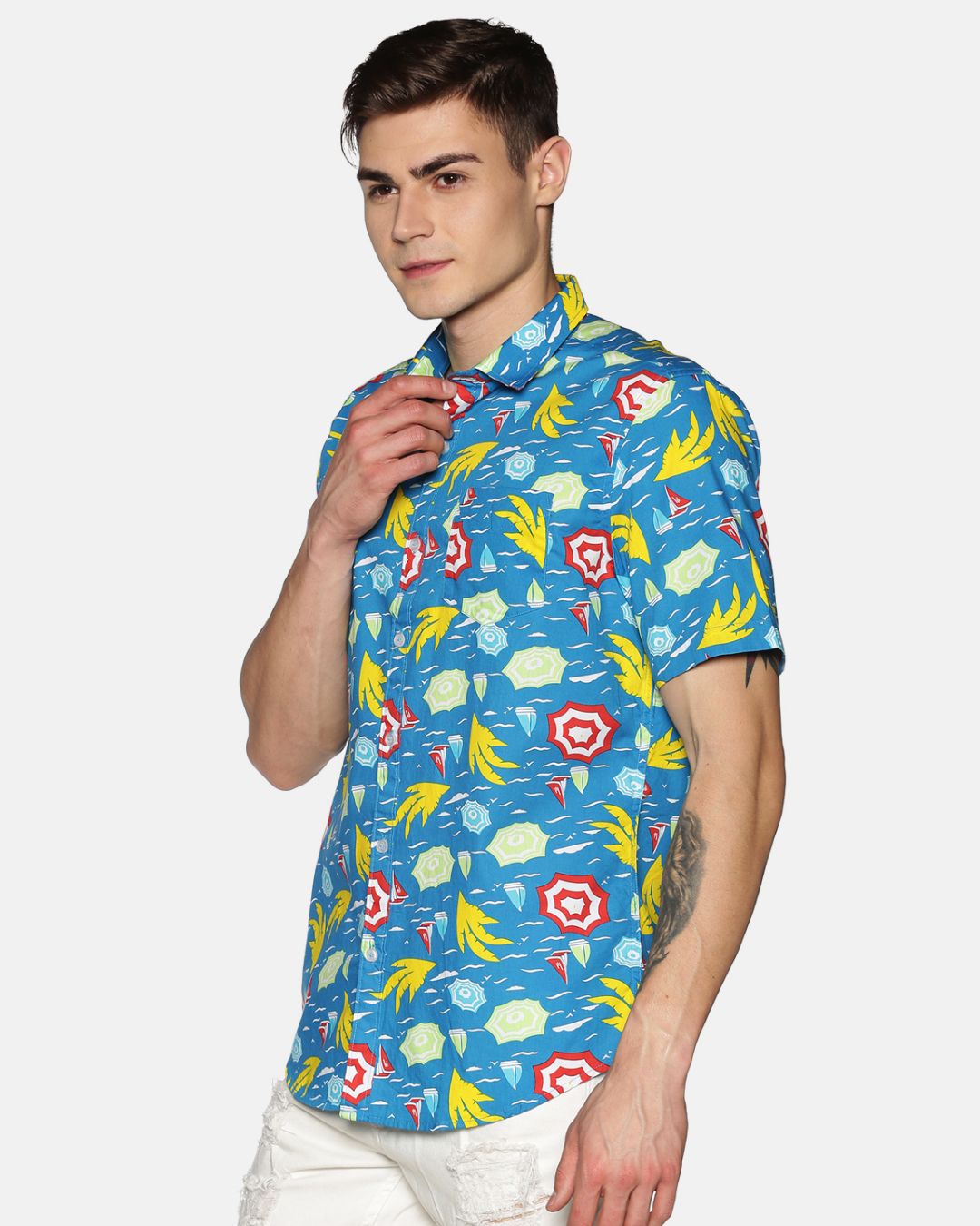 Shop Men Short Sleeve Cotton Printed Sea Wave Graphics On Blue Shirt-Back