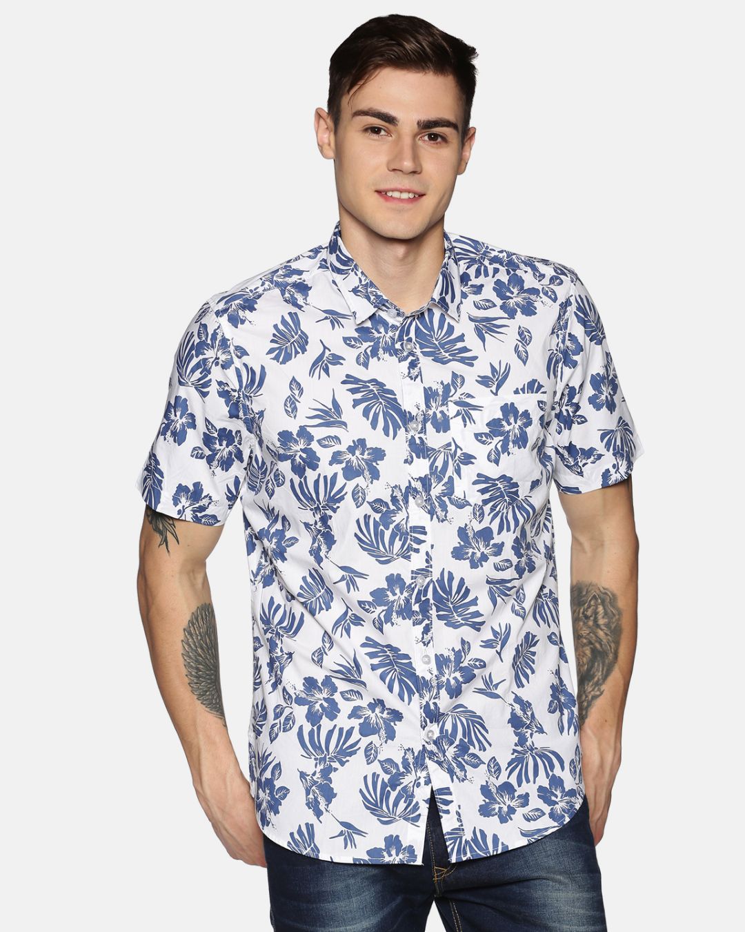 Shop Men Short Sleeve Cotton Printed White Blue Leafy Floral Shirt-Front