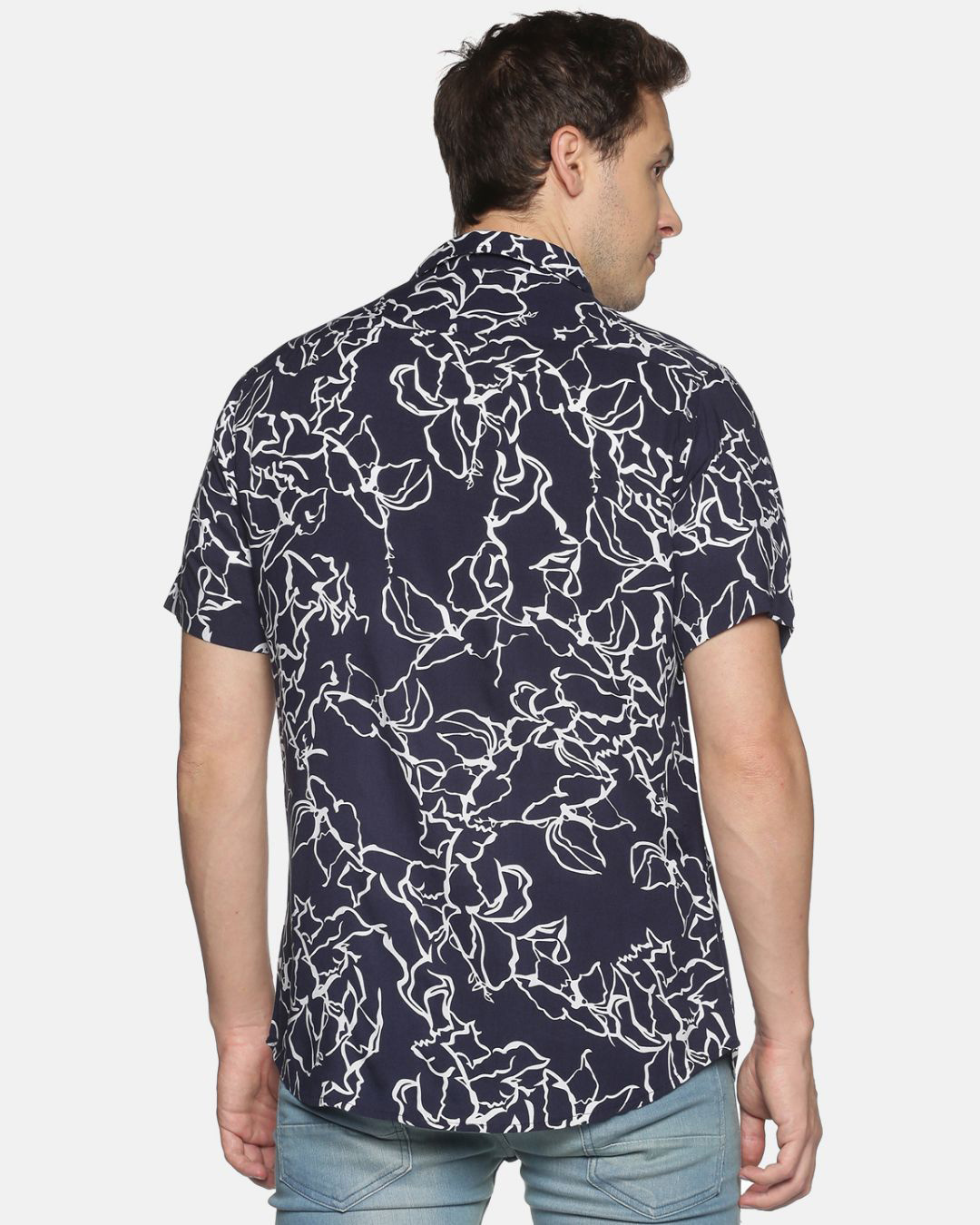 Shop Men Short Sleeve Rayon Cotton Casual  Blue Abstract Wave Printed Shirt-Back