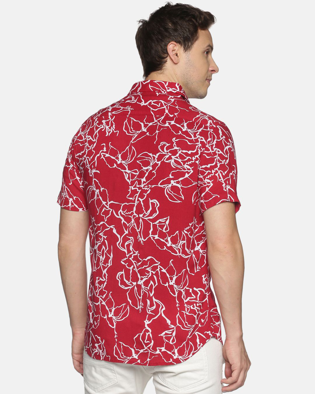 Shop Men Short Sleeve Rayon Cotton Casual  Red Abstract Wave Printed Shirt-Back