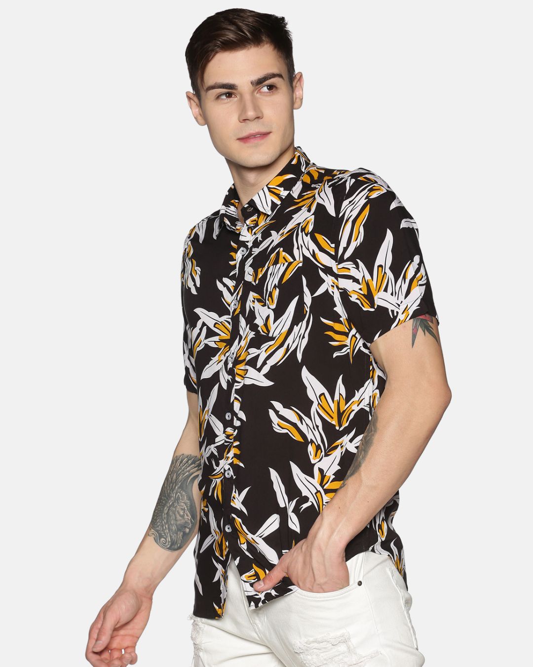 Shop Men Short Sleeve Rayon Printed Black Yellow Shirt-Back