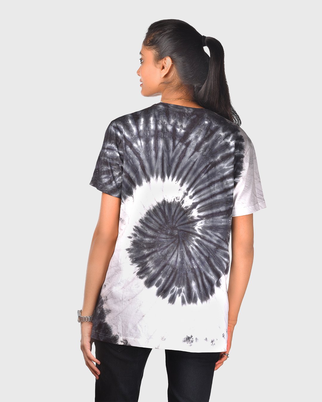 Shop Women's Black & White Tie & Dye Relaxed Fit T-shirt-Back
