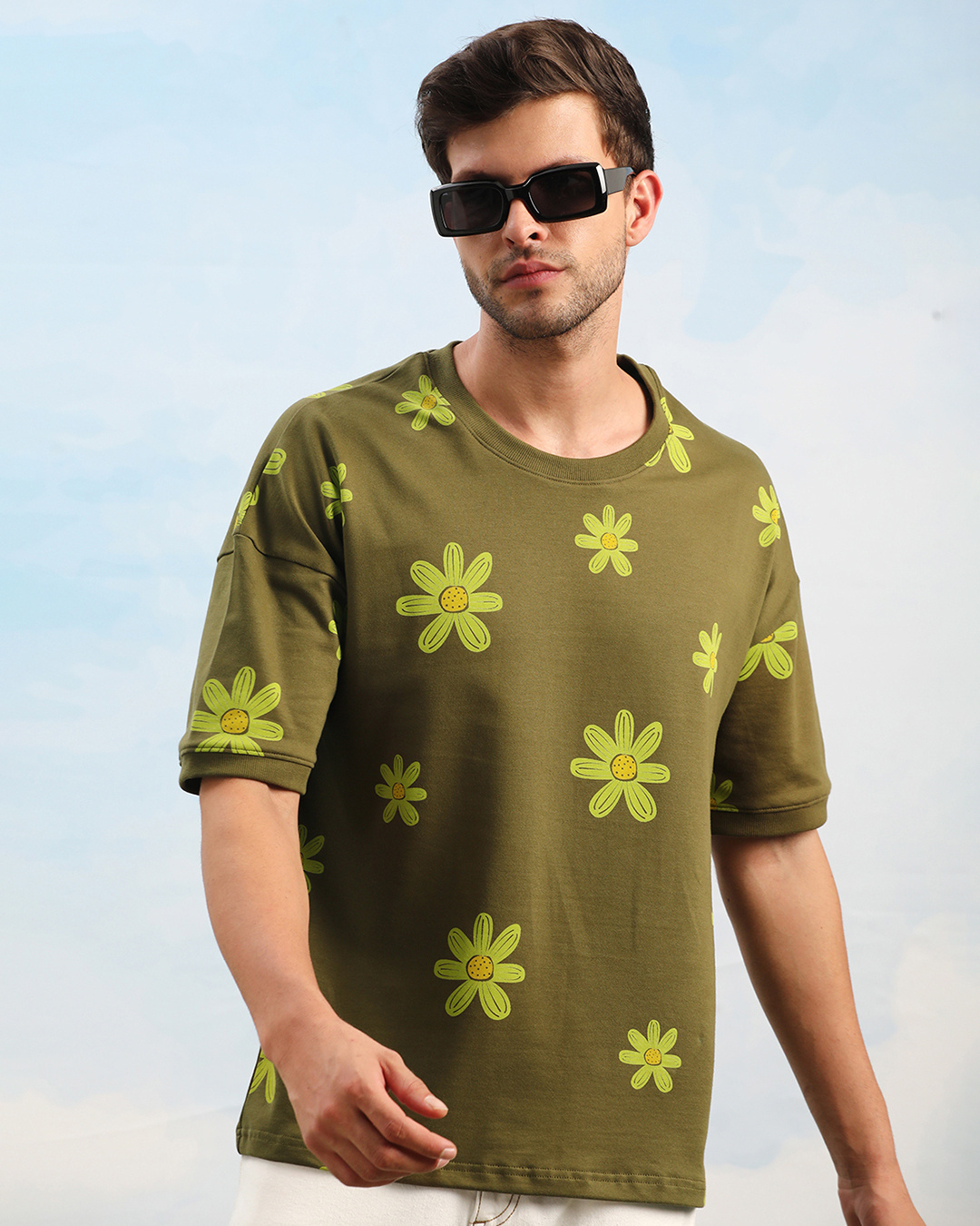 Shop Unisex Olive Green Floral Printed Loose Fit T-shirt-Back