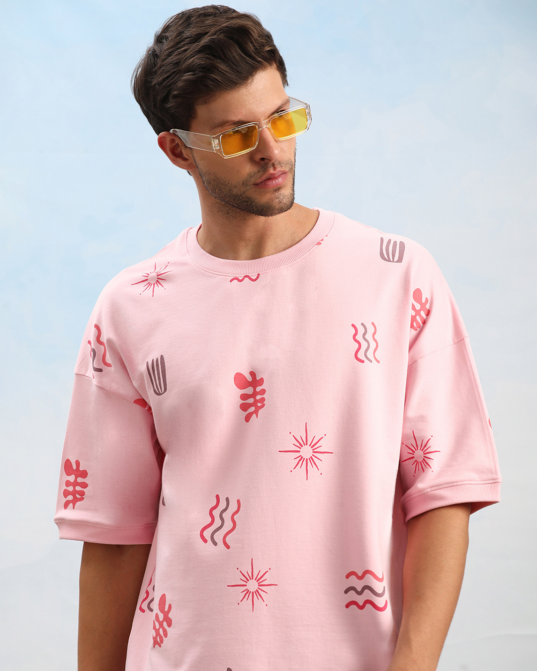 Shop Unisex Pink All Over Printed Loose Fit T-shirt-Back