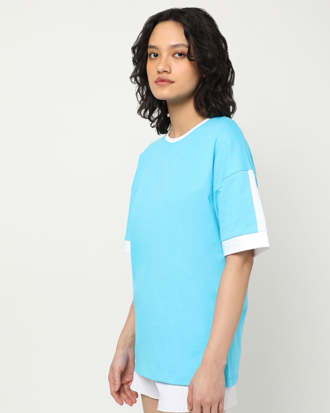 Shop Women's Blue & White Color Block Boyfriend T-shirt-Back